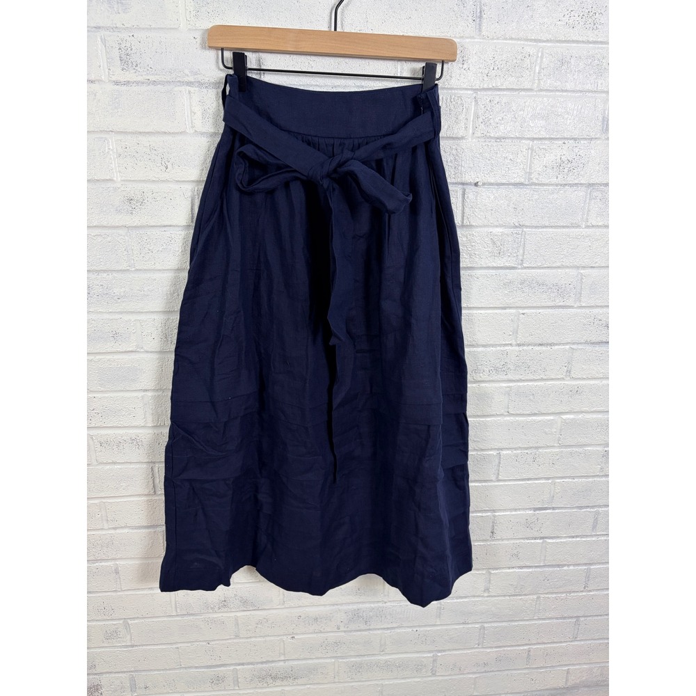 Boden Pintuck Linen Midi Skirt Womens 6 Navy Blue Tie Waist Pockets